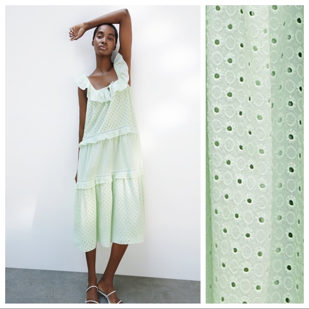 NWT. Zara Mint Green Open Work Embroidered Midi Dress. Size M.